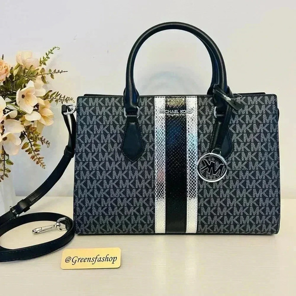 Michael Kors Purse Medium Sheila Signature Logo and Metallic Satchel Black